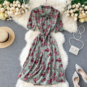 

Vintage button slim 2020 floral print dress midi long summer Party tie high waist dress Women elegant tunic beach a-line dresses