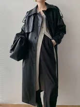Autumn Long Oversized Black Faux Leather Trench Coat for Women Raglan Long Sleeve Double Breasted Brown Korean Fashion