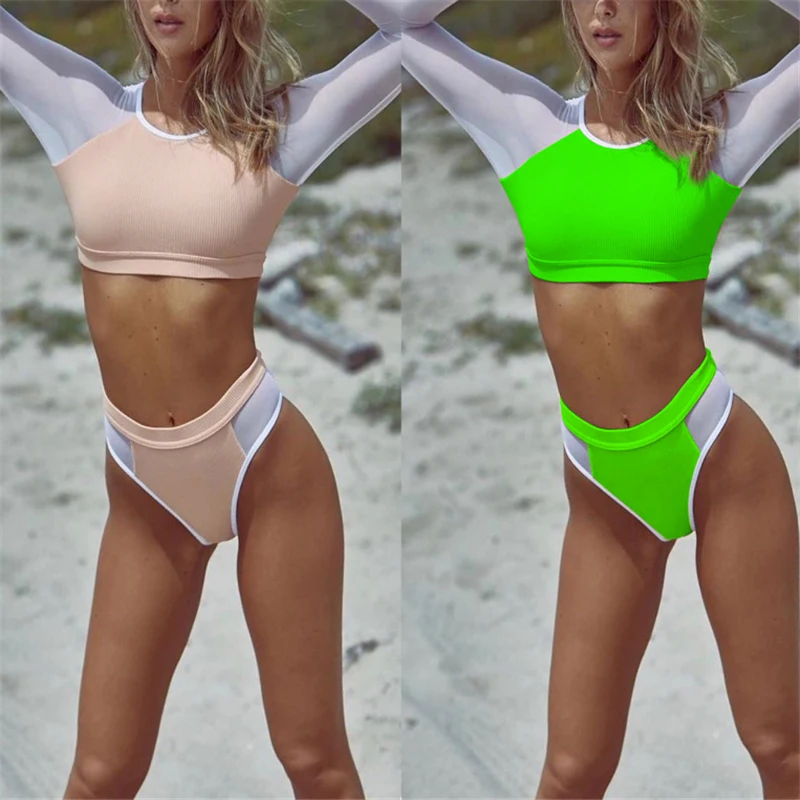 GNIM, длинный рукав, купальник для женщин, сетка, бикини, Mujer,, высокая талия, спортивный купальник для женщин, две части, купальный костюм, бразильское бикини