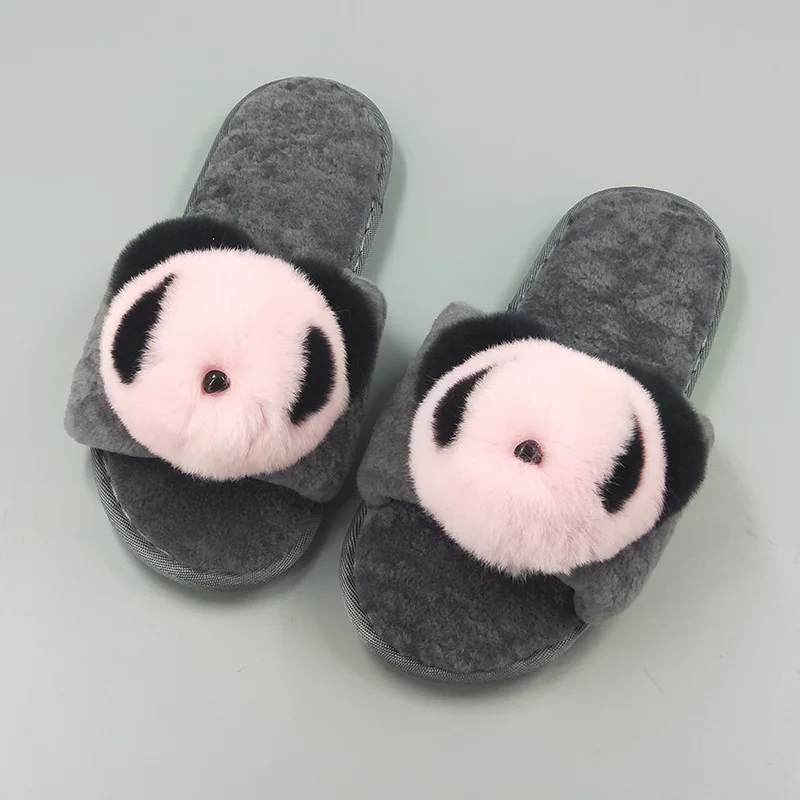 

New Style Warm Cute Autumn And Winter Women's Sheep Shearing Fur Slippers Rabbit Fur Bear Soft-Sole Gray Slipper
