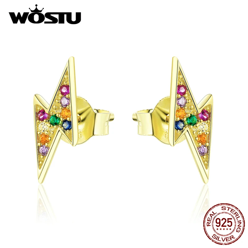 

WOSTU Authentic 925 Sterling Silver Lightning Earring 2019 New Design Gold Color With Colorful Zircon Earrings For Women DXE806