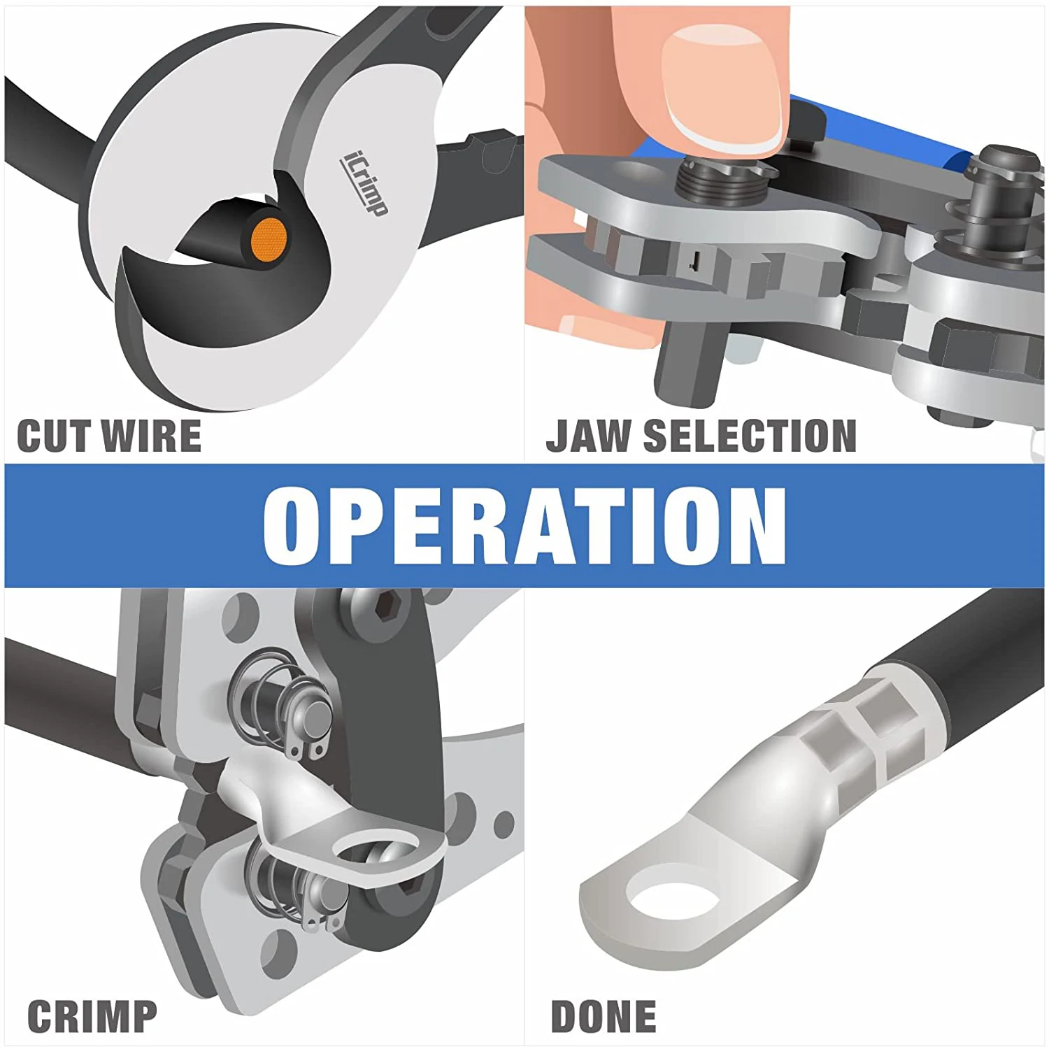 IWISS HX-50BI Battery Cable Lug Crimping Tool from AWG 8- 1/0 with Cable Cutter Pliers Hand Tools Crimp Flat Nose Carbon Steel 5
