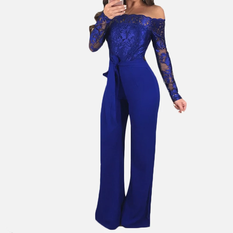 Женский сетчатый кружевной комбинезон с открытыми плечами и вырезом лодочкой, облегающий женский комбинезон с широкими штанинами, сексуальная женская элегантная одежда 3XL - Color: Blue Usual