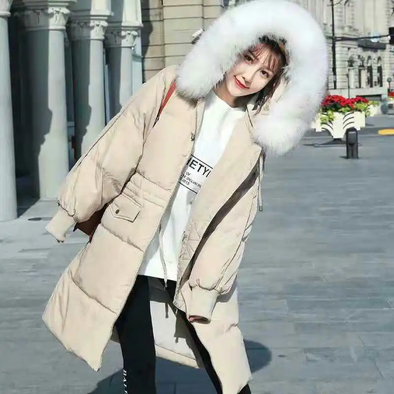 Стиль, Южная Корея, Dongdaemun, пуховик, женский, средней длины, выше колена, с завязками на талии, обнимает, большой размер, свободный крой, Padd
