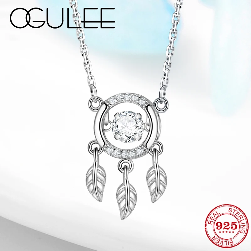 

New 925 Sterling Silver Crystal Necklace Leaf Dreamcatcher Shinning CZ Pendant Necklace for Women Wedding Party Fashion Jewelry