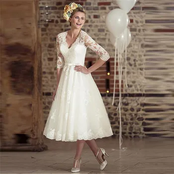

Retro Quarter Sleeves Lace Appliques Short Wedding Dress Tea Length Customized Bridal Gowns Formal Robe De Mariee For Bride