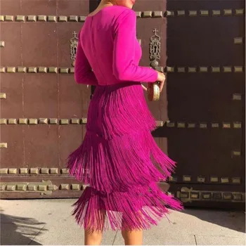 

Spring 2020 New Fashion Rose Red Long Sleeves Tassels Women Midi Dress Deep V Neck Sexy Patchwork With Zipper Female