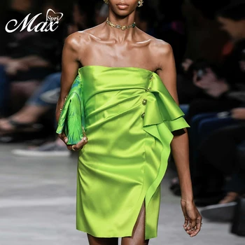 

Max Spri WomenOff Shoulder Cascading Ruffle Draped Button Mini Party Dress Elegant Mini Length Women Dress Vestidos 2020