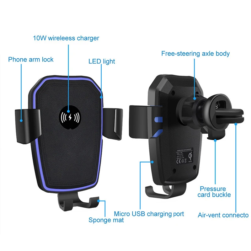 

QI Wireless Fast Charger Phone Holder Mount Gravity Arm Clamp 5V-1.5A/9V-1.3A
