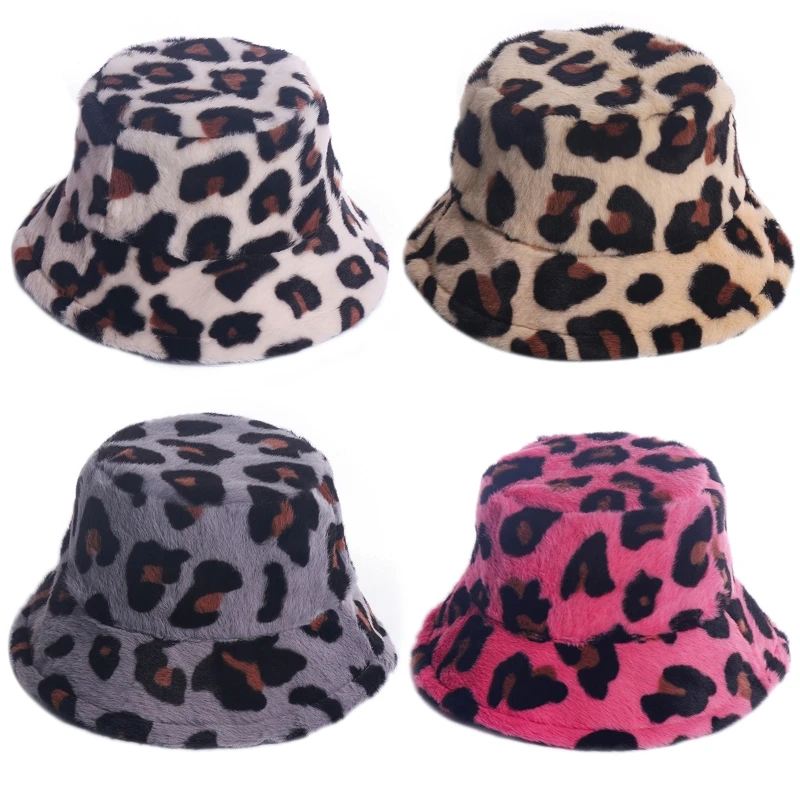 

Women Thicken Fuzzy Plush Bucket Hat Vintage Leopard Sunscreen Fisherman Cap