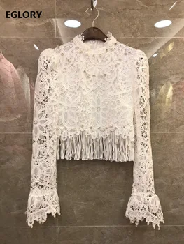 

Tassel Lace Tops 2020 Spring Summer Blouses Women Seashell Deco Long Sleeve Black White Sexy Lace Crochet Tops Blouses Female