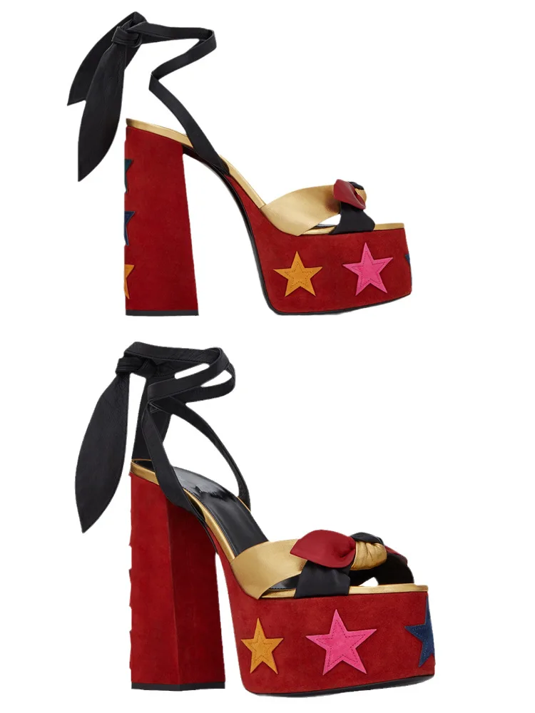 Women Chunky High Heels Lace-up Sandals Sexy Platform Round Toe Evening Party Shoe Ankle Strap Ball Summer Lady Sandals 1-D-SL-4