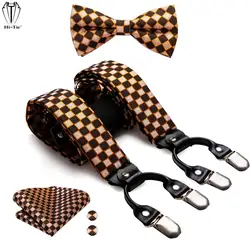 Hi-tie New Silk Jacquard Mens Suspenders Set Orange Black Check 4PC 6 Clips Male Braces Bowtie Hanky Cufflinks 3.5cm Strap Gift