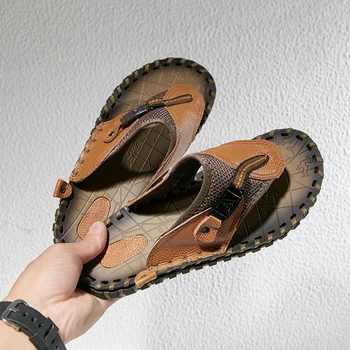 

Harogath Men Slippers Genuine Leather Casual Shoes Non-slip Men sandals Flip Flops Male Slip-on Beach Slippers Big Size 38-48