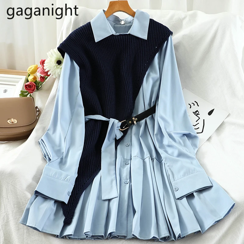 Gaganight Elegant Women Two Pieces Set Solid Long Sleeve Shirt Dress Knitted Irregular Vest Office Lady Suit 2 Korean |