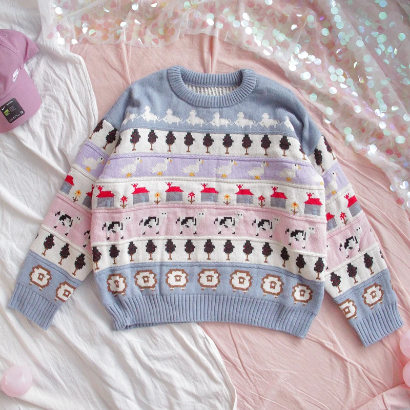 light blue Осенне-зимние вязанные женские свитера в стиле Харадзюку Kawaii Ulzzang, свитер с принтом для колледжа, Рождественский кашемировый свитер больших размеров - Цвет: light blue