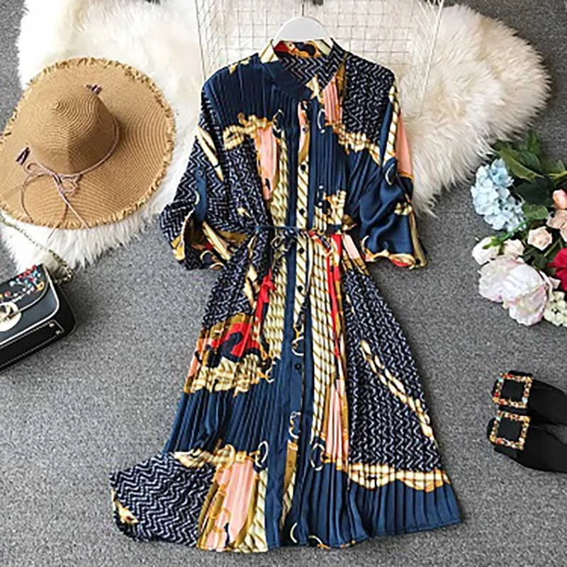 

NiceMix New Korean Pleated Dresses Women Spring Summer Elegant Long Sleeve Print Dress Female Party Chiffon Dresses Elegant Robe
