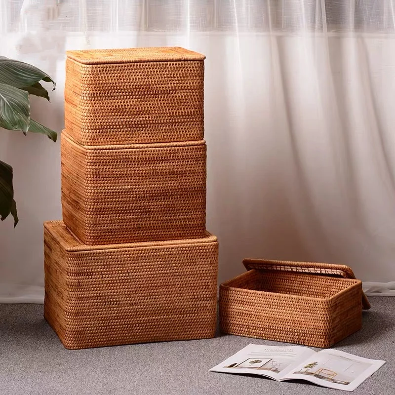 Large laundry storage basket with lid kids clothes Rattan storage boxes container for toys Japanese desktop sundries organizers