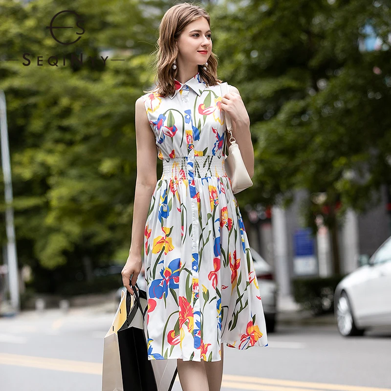

SEQINYY White Dress 2020 Summer Spring New Fashion Design Women Sleeveless Colorful Flower Print Shirt Dress Office Lady
