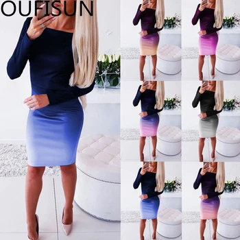 

Oufisun Sexy O-neck Stretch Bodycon Dress Fashion Elegant Gradient Knee Length Dress Casual Long Sleeve Womens Dresses Vestidos