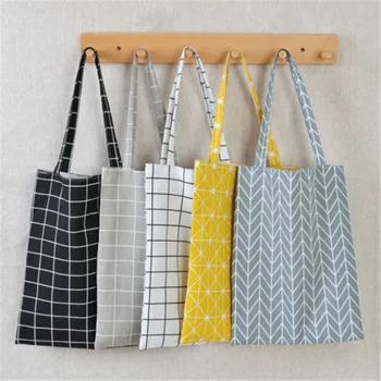 

Women Plaid Linen Cotton Shopping Bag Female Canvas Cloth Shoulder Bags Environmental Storage Handbag Reusable Eco Grocery Totes