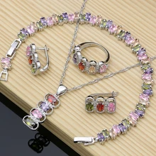 Серебро 925 подарок комплекты украшений для женщин разноцветный кубический цирконий серьги-кольца для вечеринки кольцо браслет ожерелье набор для Bridel