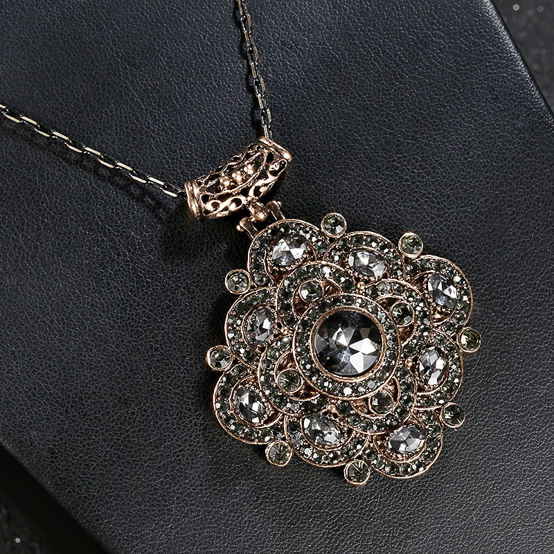 Винтажное ожерелье Kinel Boho для женщин, стразы, серое хрустальное ожерелье, большая подвеска, ожерелье, античное золото, массивные ювелирные изделия