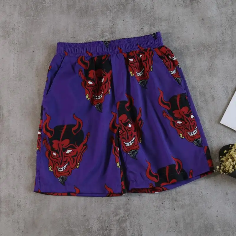 Новая модная женская рубашка в японском стиле Харадзюку, с принтом дьявола, короткий рукав, свободный летний топ, блуза, уличная одежда, повседневные рубашки унисекс - Цвет: Purple Shorts