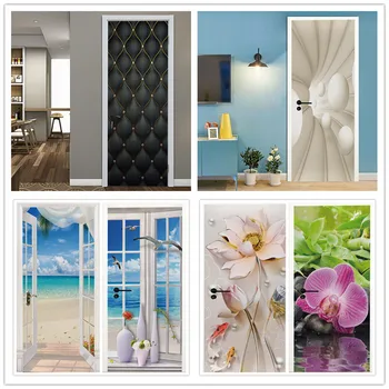 

Fashion Modern Door Wall Paper Vinyl Self-adhesive Sunshine Beach Scenery 3D Door Decorative Waterproof Sticker Wall Renovation