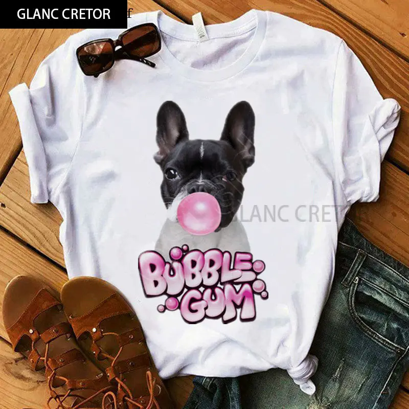 Tops informales a la moda para mujer, tops vogue con cuello redondo, camiseta harajuku de goma de mascar para mujer, Camiseta con estampado de Bulldog Francés, camiseta de verano