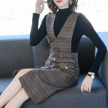 

Season Temperament Occupation Long Sleeve Knitting Shirt Waist Slimming Grid Waistcoat Strap Dress Two Piece Suit Female