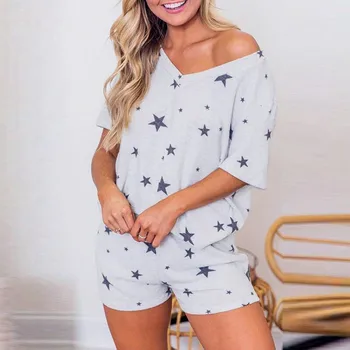 

2PCS Tops and Shorts Outfits Set Women Loungewear Stars Print Short Sleeve Pajama Set Night Lounge Caual Loose Sleepwear