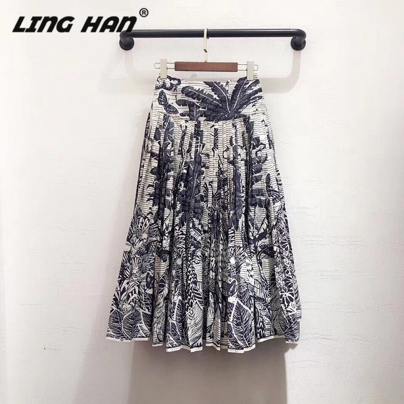 LINGHAN Coconut pattern printing high waist pleated skirt spring summer high quality pleated skirt women's Leisure cotton skirt