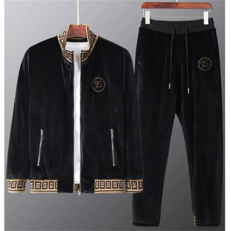 Double-sided gold velvet men's casual sportswear Plus velvet thick warm autumn and winter clothes Luxury quality embroidery suit