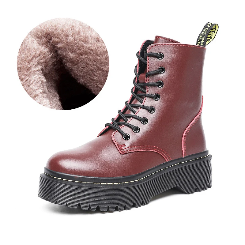 

Winter Genuine Leather Motorcycle Boots Women Warm Plush Snow Boot Rubber Platform Lace Up Punk Military High Top Botas Mujer