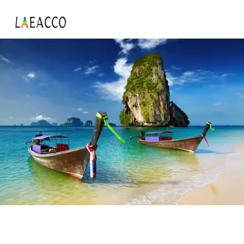 

Laeacco Tropical Beach Sea Sand Ship Boat Island Blue Sky Natural Scenic Photographic Background Photo Backdrop For Photo Studio