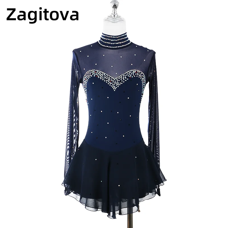 Navy Blue Red Figure Skating Dress For Women And Girls Long Sleeve Ice Figure Skating Clothes With Rhinestones ice skating costume