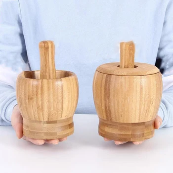 

New Pestle Grinding Bowl Set Bamboo Mortar And Garlic Pot Spice Pepper Mill Tools Kitchen Tools Creative Household Kitchen Tool
