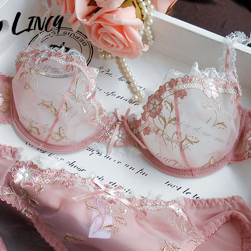 Sensual Woman Underwear Lingerie Set Cute Transparent Lace Push up Bra Underpants Bra for Women Ultra-thin Steel Ring Brassiere bra and thong set