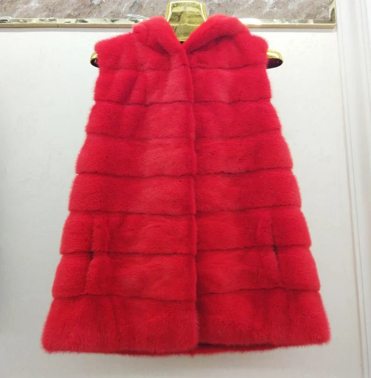 Натуральный норковый Меховой жилет с капюшоном Женский натуральный норковый меховой жилет теплая зимняя шуба - Цвет: red
