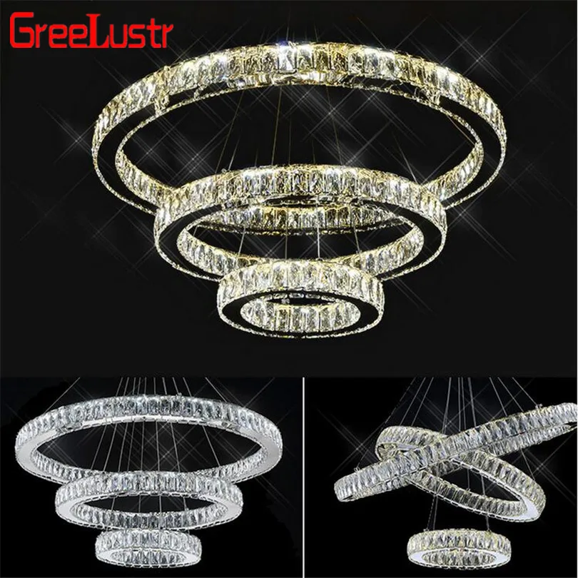

Modern Luxury Big Crystals LED Pendant Lamp Diamond Ring LED Chandelier Stainless Steel Hanging Light Fixtures LED Lustre