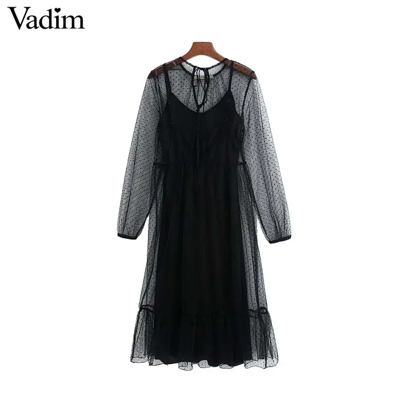 Vadim женское шикарное Сетчатое платье миди в горошек с длинным рукавом и круглым вырезом комплект из двух предметов женские стильные прозрачные платья vestidos QD118