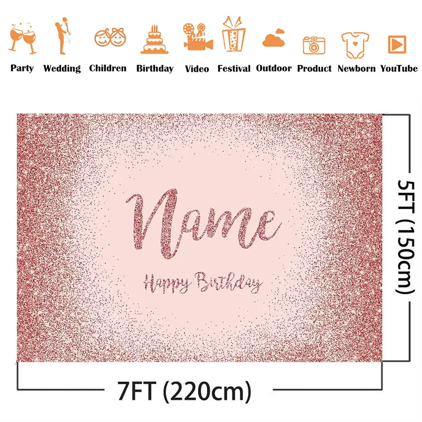Pink Rose Glitter Backdrop Happy Birthday Photo Background Glitter shiny dots Background for photo studio photocall Name photo backdrop