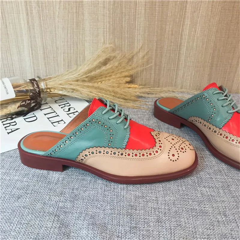 2020 Summer Slides Women's Shoes Carved Round Toe Flats Heel Brogues Mules Shallow Mouth Color Block Oxford Shoes Slippers Women (1)