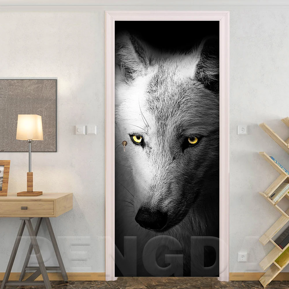 

3D Door Stickers PVC Adhesive Wallpaper Prints Wolf Animal Landscape Picture Home Decor Waterproof Mural Decal For Living Room