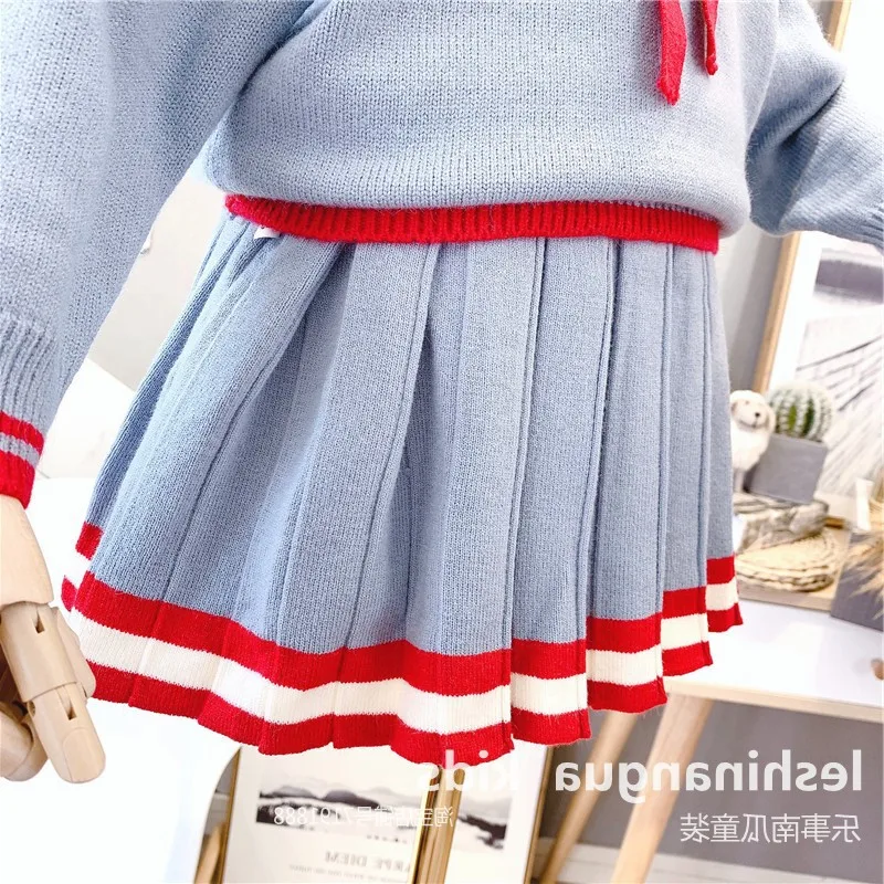 Mihkalev/вязаный костюм для маленьких девочек, осенне-зимние комплекты одежды для девочек, свитер+ юбка, Детский комплект утепленной одежды, спортивный костюм