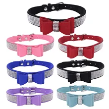 Bling Rhinestone Pet Collars Adjustable PU Leather Double-layer Microfiber Bowknot Cat Dog Collars For Small Medium Dogs Cats