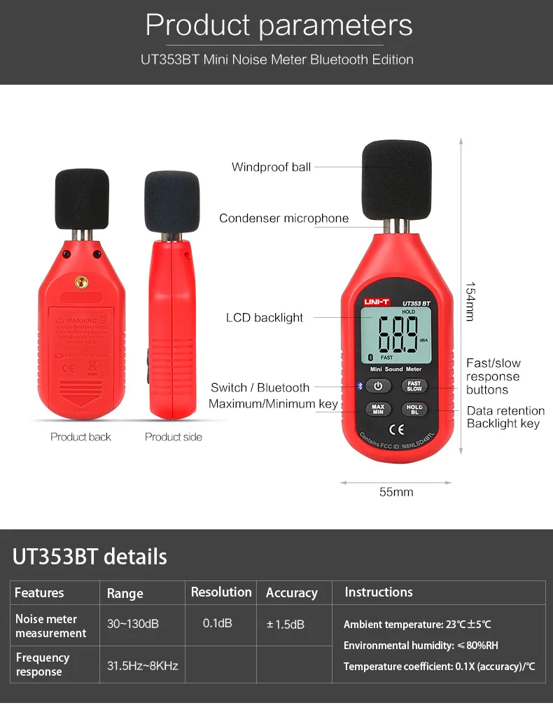 UNI-T UT353BT Mini Digital Sound level meter Bluetooth Decibel meter Noise Audio detector 30~130db Data hold LCD Backlight IENV