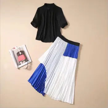 

New European and American women's dresses for spring 2020 Black shirt with five-minute sleeves Colorful pleated bust skirt suit