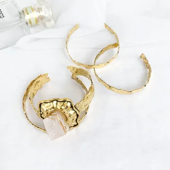 

2020 New Trendy Summer Gold Metal Druzy Stones Open Cuff Adjustable Bangle Bracelets Korean Fashion Party Jewelry